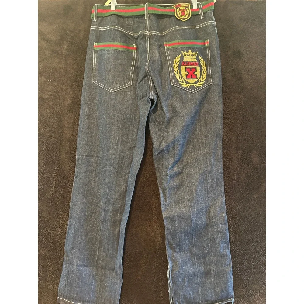 Atti Mens Denim Jeans 38x32 Embellished Pockets Red Green Belt Detailed‎